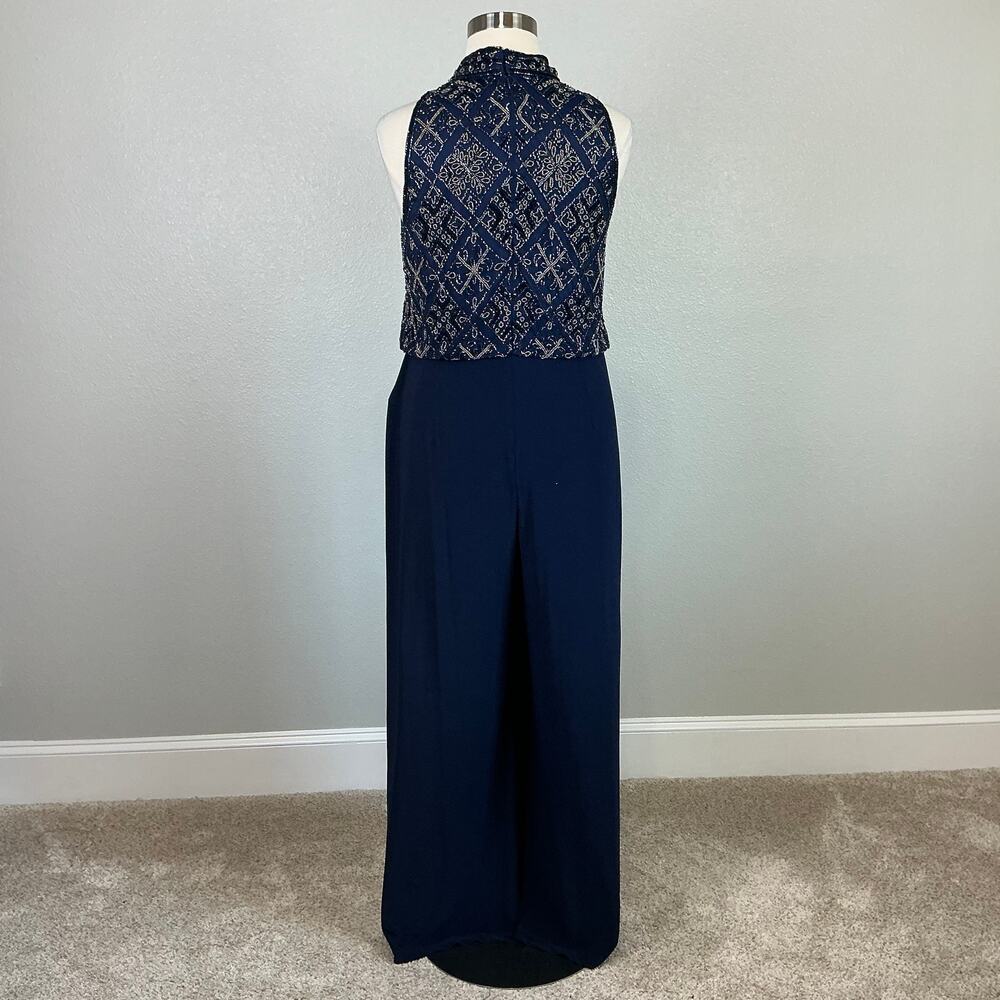 Adrianna Papell Blue Jumpsuit Beaded Wide-Leg Pant Sleeveless Halter Size 18 - Picture 7 of 12